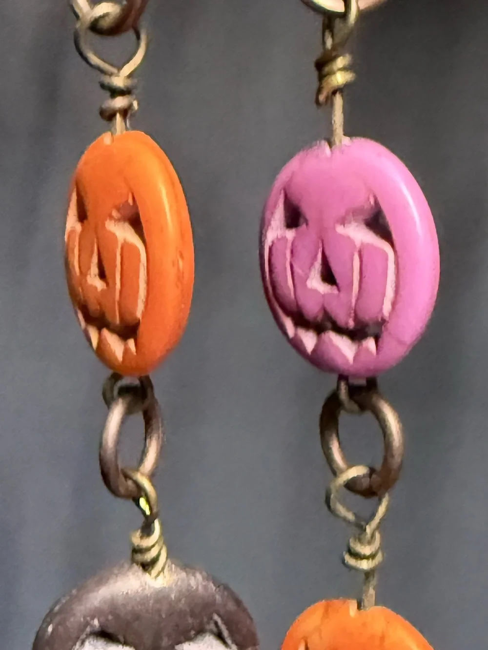 Handmade Stacked Jack-O-Lantern Pumpkin Drop Earrings | Purple Orange Black